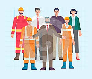 Technician workers, office workers and engineer team. Group of people technicians, engineering and construction workers.