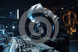 Technician working at the factory. Portrait of young man in protective helmet and goggles working on industrial equipment.