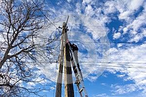 A technician working on a ladder to maintain fiber optic wires attached to electric poles .