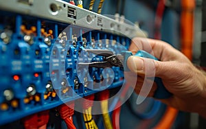Technician works on server with pliers. A closeup of an electrician& x27;s hands
