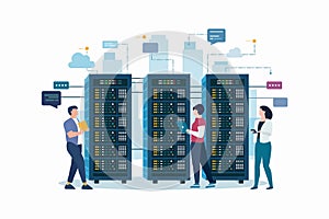 Technician works in server room racks. Cloud system concept. data center. data storage