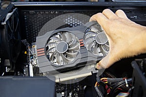 Technicians are assembling graphics cards, computer components