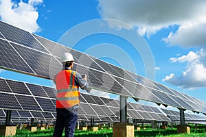 Technicians are checking the operation of the solar power plant equipment so that the power generation can operate at full