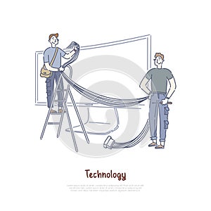 Technicians connecting wires and cables, smart TV technology, Internet television, widescreen monitor banner
