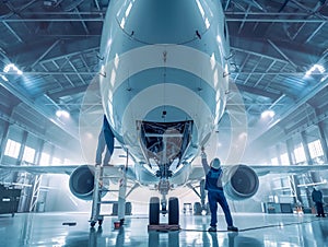 Technicians Inspecting Commercial Airplane in Hangar. Generative ai