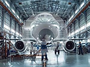 Technicians Inspecting Commercial Airplane in Hangar. Generative ai