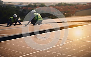 Technicians installing solar panels on the roof