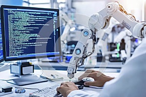 Technicians Performing Maintenance and Programming Tasks in High-Tech Laboratory Environment