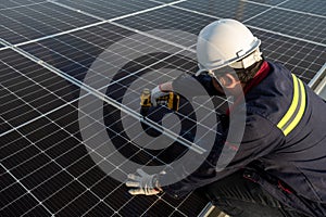 A Technicians power drill to install solar panels on the new roof of the factory. Solar power or Clean energy concept