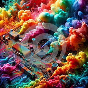 Technicolor tech: a vibrant display of colorful smoke on a motherboard