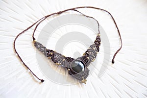 technique waxed string necklace with gemstone obsidian