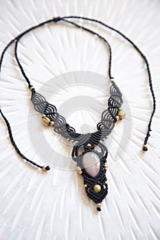 technique waxed string necklace with gemstone rose quartz