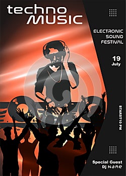 Music festival event flyer poster. Silhouette DJ and people dancing with raised hands. Graphic design photo