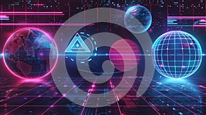 Techno banner set inspired by Y2k aesthetics. Modern illustration of retrowave style posters with geometric lines and