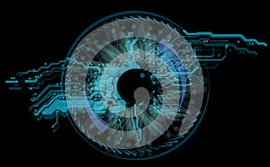 Techno eye with motherboard pattern isolated on black background. Layered EPS10 vector illustration.