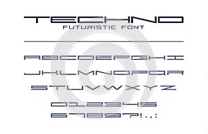 Techno futuristic wide font. Geometric, sport, future, digital technology alphabet. Letters and numbers for military