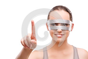 The techno girl pressing virtual button isolated on white