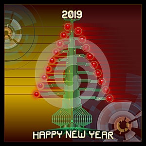 Techno Happy 2019. Technologic Christmas tree. Vector illustration of 2019 new year greetings