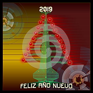 Techno Happy 2019. Technologic Christmas tree. Vector illustration of 2019 new year greetings. Spanish version