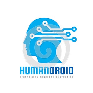 Techno human droid head vector logo concept illustration. Creative idea sign. Learning icon. People computer chip. Innovation.