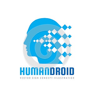 Techno human droid head vector logo concept illustration. Creative idea sign. Learning icon. People computer chip. Innovation tech