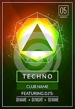 Techno music poster. Electronic club deep music. Musical event disco trance sound. Night party invitation. DJ flyer poster