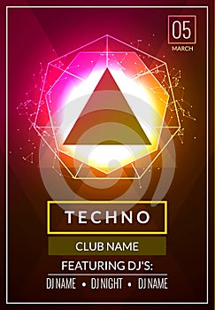 Techno music poster. Electronic club deep music. Musical event disco trance sound. Night party invitation. DJ flyer poster