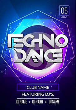 Techno music poster. Electronic club deep music. Musical event disco trance sound. Night party invitation. DJ flyer poster