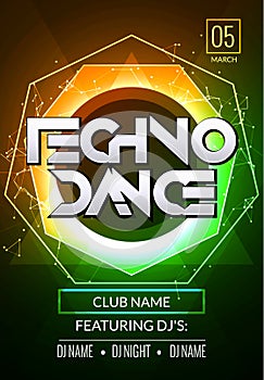 Techno music poster. Electronic club deep music. Musical event disco trance sound. Night party invitation. DJ flyer poster