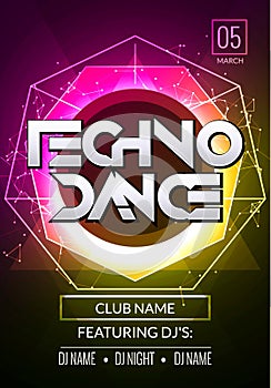 Techno music poster. Electronic club deep music. Musical event disco trance sound. Night party invitation. DJ flyer poster