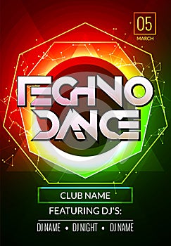 Techno music poster. Electronic club deep music. Musical event disco trance sound. Night party invitation. DJ flyer poster
