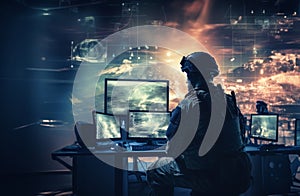 Techno-Warfare Professional Soldier Engaged with Combat Holograms on Computer.Generated image