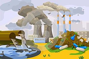 Technogenic catastrophe environmental contamination, waste disposal to dirty water lake flat vector illustration, banner