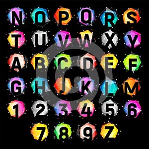 Technological alphabet on a geometric figures with transparent overlay effect. Bright colorful collection letters on