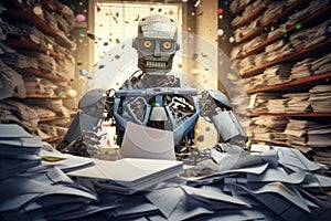 Technological assistant among a pile of papers. Man is like a robot in the office. Concept: paper work, annual and quarterly