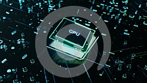 Technological background with CPU and circuit board. Flying CPU and installation in center circuit board. Neural