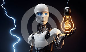 Technological Brilliance: Robot Holding Illuminated Bulb, AI Generated