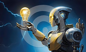 Technological Brilliance: Robot Holding Illuminated Bulb, AI Generated