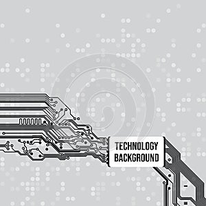 Technological circuit background, concept design, space for text. Printed circuit board. Electronic computer technology, digital