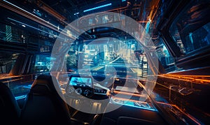 Technological cockpit of a futuristic spaceship. Neon city at