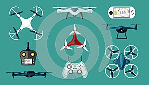 Technological drones set. Modern wireless quadcopters with red coloring white digital control panels with ability