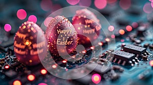 Technological Easter: Easter Eggs with Easter Greetings and Printed Circuit Boards, Symbol of Progress and Technological Future photo