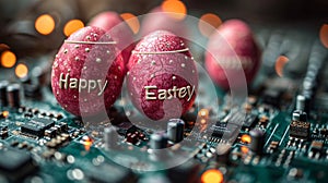 Technological Easter: Easter Eggs with Easter Greetings and Printed Circuit Boards, Symbol of Progress and Technological Future photo