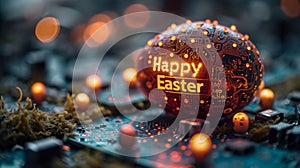 Technological Easter: Easter Eggs with Easter Greetings and Printed Circuit Boards, Symbol of Progress and Technological Future photo