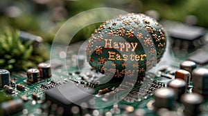 Technological Easter: Easter Eggs with Easter Greetings and Printed Circuit Boards, Symbol of Progress and Technological Future photo