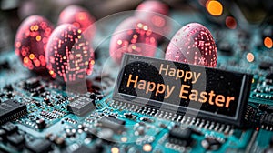 Technological Easter: Easter Eggs with Easter Greetings and Printed Circuit Boards, Symbol of Progress and Technological Future photo