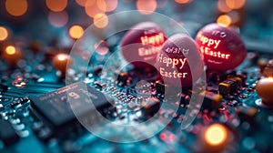 Technological Easter: Easter Eggs with Easter Greetings and Printed Circuit Boards, Symbol of Progress and Technological Future photo