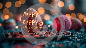 Technological Easter: Easter Eggs with Easter Greetings and Printed Circuit Boards, Symbol of Progress and Technological Future photo