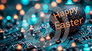 Technological Easter: Easter Eggs with Easter Greetings and Printed Circuit Boards, Symbol of Progress and Technological Future photo