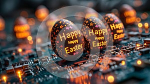 Technological Easter: Easter Eggs with Easter Greetings and Printed Circuit Boards, Symbol of Progress and Technological Future photo